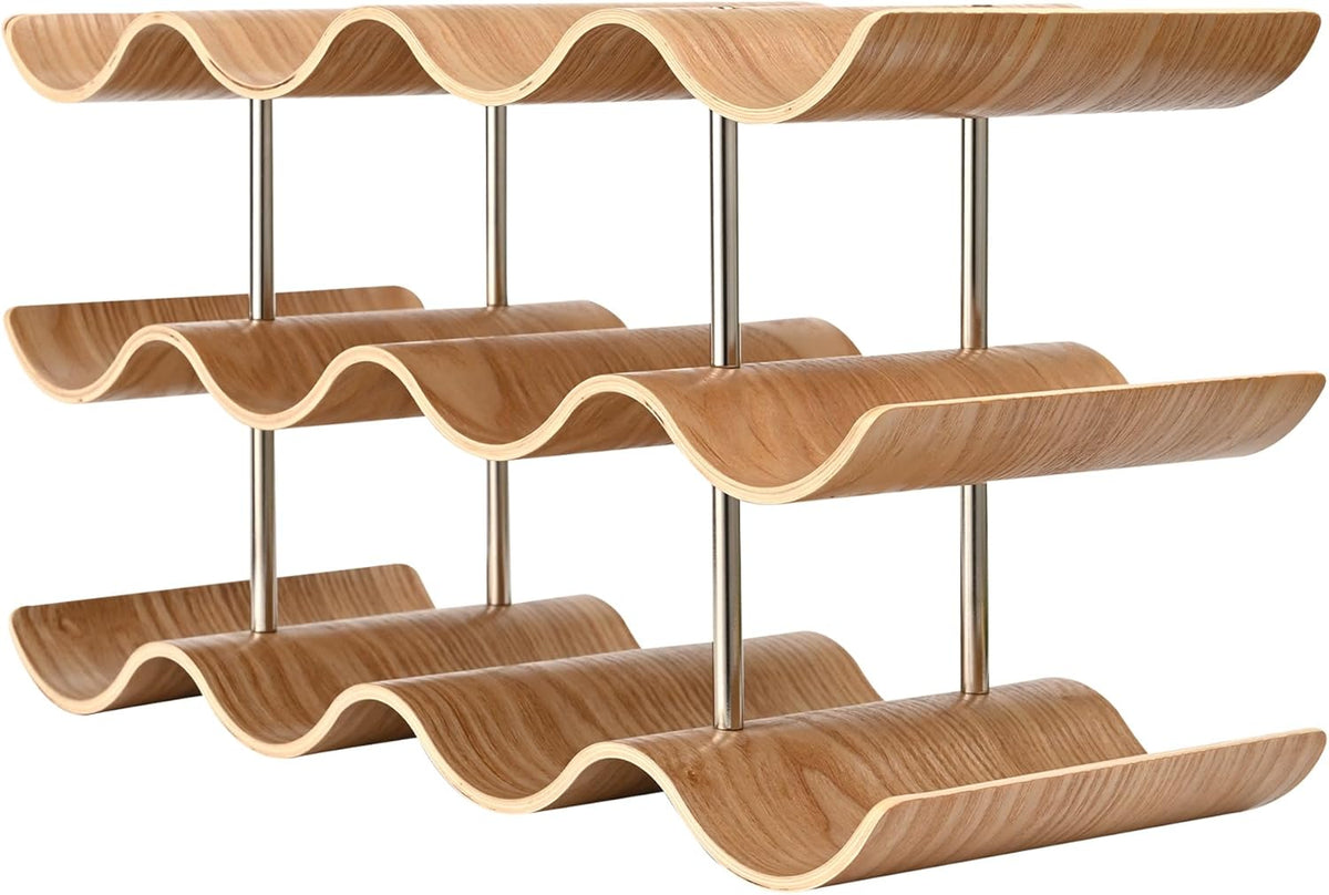 Countertop Wine Rack - 12 Bottle Freestanding Wine Bottle Holder Stand - 3 Tier Wooden Wine Storage Rack - Wavy Wine Organizer for Cabinet Pantry Home Kitchen Bar