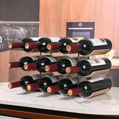 Countertop Wine Rack - 12 Bottle Freestanding Wine Bottle Holder Stand - 3 Tier Wooden Wine Storage Rack - Wavy Wine Organizer for Cabinet Pantry Home Kitchen Bar