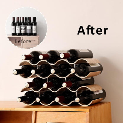 Countertop Wine Rack - 12 Bottle Freestanding Wine Bottle Holder Stand - 3 Tier Wooden Wine Storage Rack - Wavy Wine Organizer for Cabinet Pantry Home Kitchen Bar