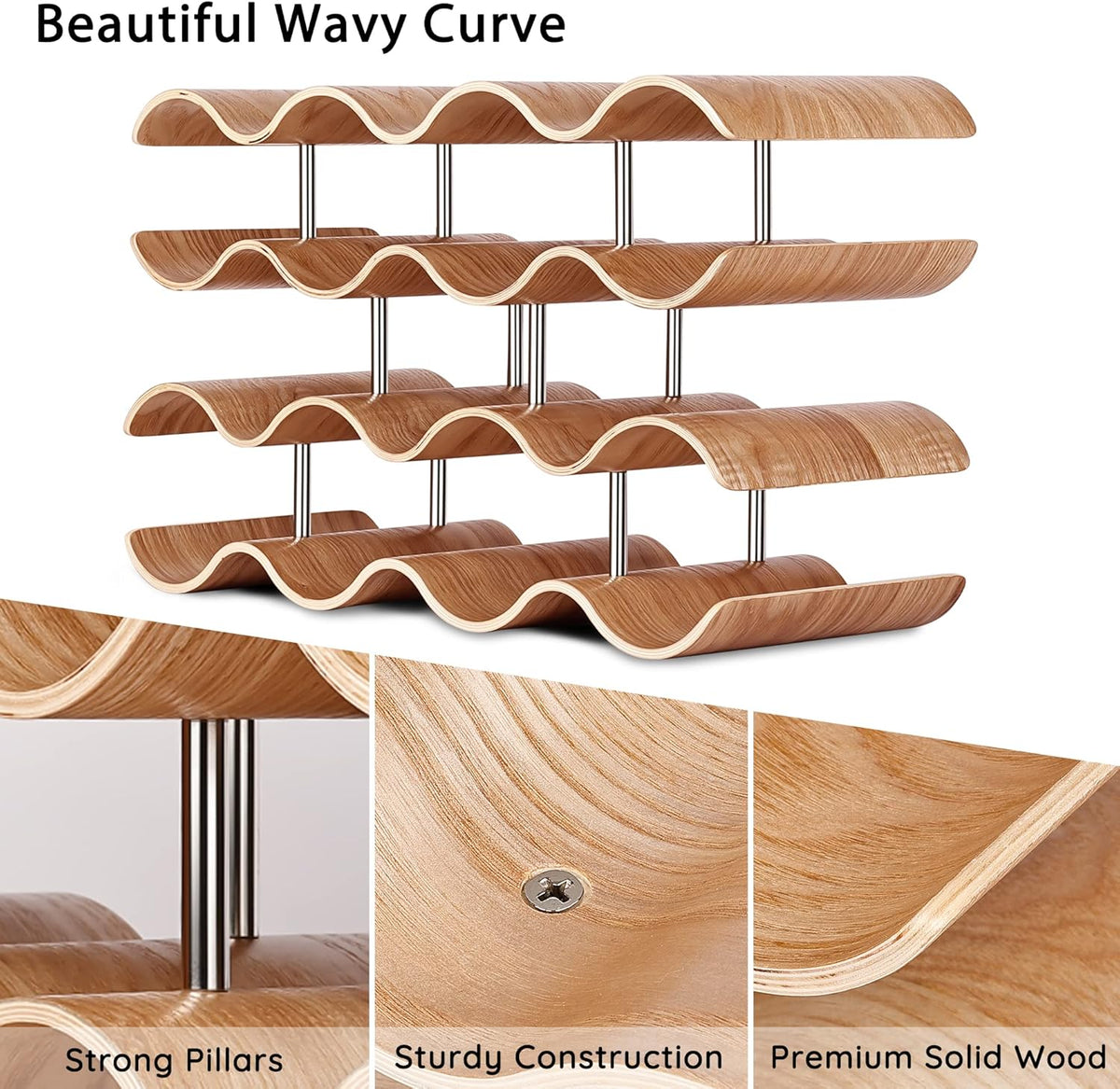 Countertop Wine Rack - 12 Bottle Freestanding Wine Bottle Holder Stand - 3 Tier Wooden Wine Storage Rack - Wavy Wine Organizer for Cabinet Pantry Home Kitchen Bar