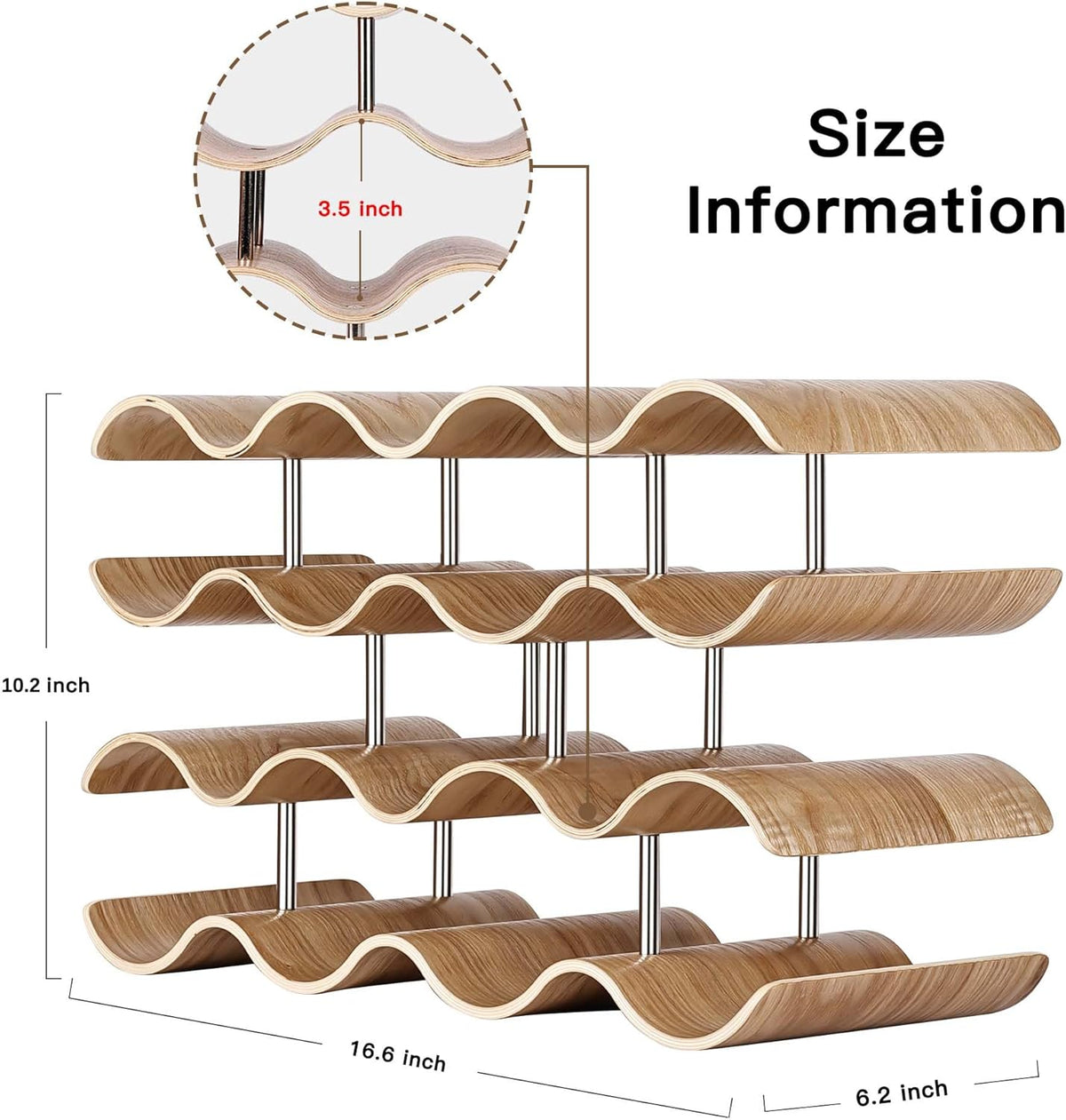Countertop Wine Rack - 12 Bottle Freestanding Wine Bottle Holder Stand - 3 Tier Wooden Wine Storage Rack - Wavy Wine Organizer for Cabinet Pantry Home Kitchen Bar