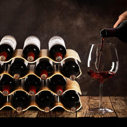 Countertop Wine Rack - 12 Bottle Freestanding Wine Bottle Holder Stand - 3 Tier Wooden Wine Storage Rack - Wavy Wine Organizer for Cabinet Pantry Home Kitchen Bar