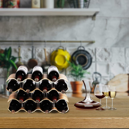 Countertop Wine Rack - 12 Bottle Freestanding Wine Bottle Holder Stand - 3 Tier Wooden Wine Storage Rack - Wavy Wine Organizer for Cabinet Pantry Home Kitchen Bar