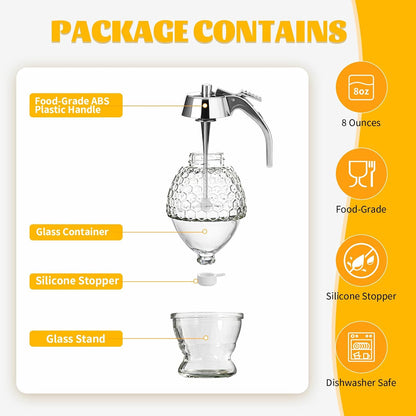Honey Dispenser No Drip, Glass Honey Container with Stand, 8 oz