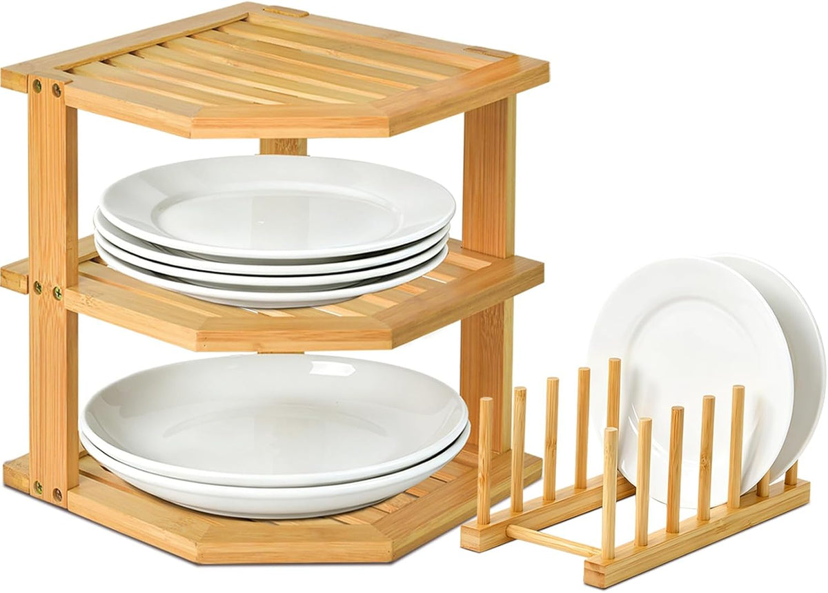 Bamboo Plate Organizer for Cabinet Set,3 Tier Corner Shelf & Plate Holder