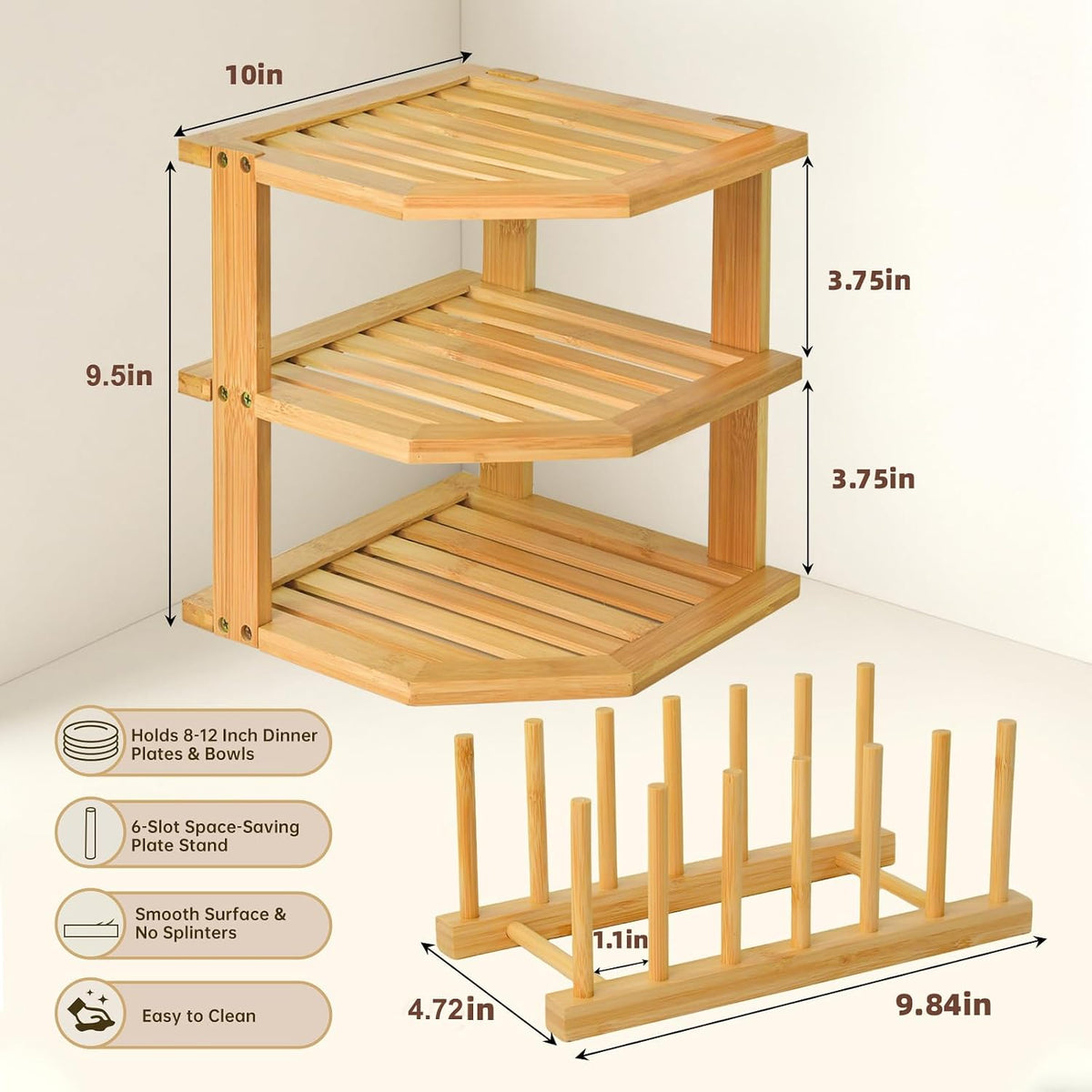 Bamboo Plate Organizer for Cabinet Set,3 Tier Corner Shelf & Plate Holder