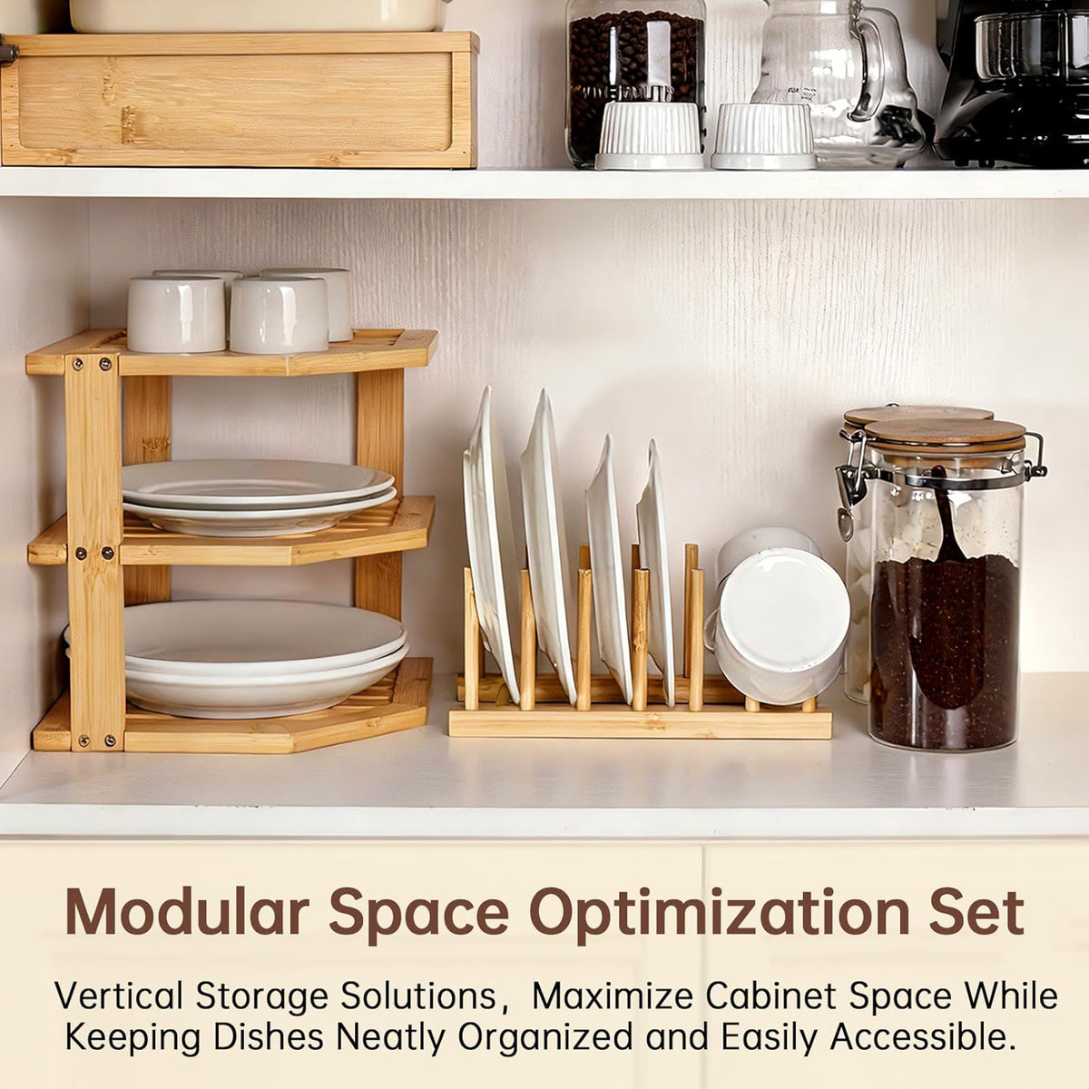 Bamboo Plate Organizer for Cabinet Set,3 Tier Corner Shelf & Plate Holder