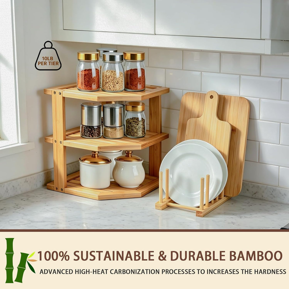 Bamboo Plate Organizer for Cabinet Set,3 Tier Corner Shelf & Plate Holder