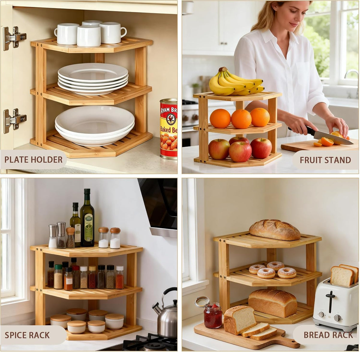 Bamboo Plate Organizer for Cabinet Set,3 Tier Corner Shelf & Plate Holder