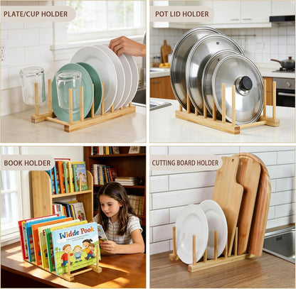 Bamboo Plate Organizer for Cabinet Set,3 Tier Corner Shelf & Plate Holder
