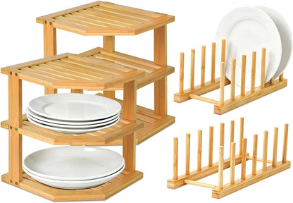 Bamboo Plate Organizer for Cabinet Set,3 Tier Corner Shelf & Plate Holder