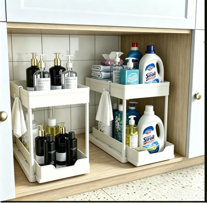 Under Sink Organizer 2 Pack, Bathroom Cabinet Organizer, 2 Tier Sliding Cabinet Basket Organizer Drawer, Multi-Purpose Bath Collection Baskets for Bathroom (Black)
