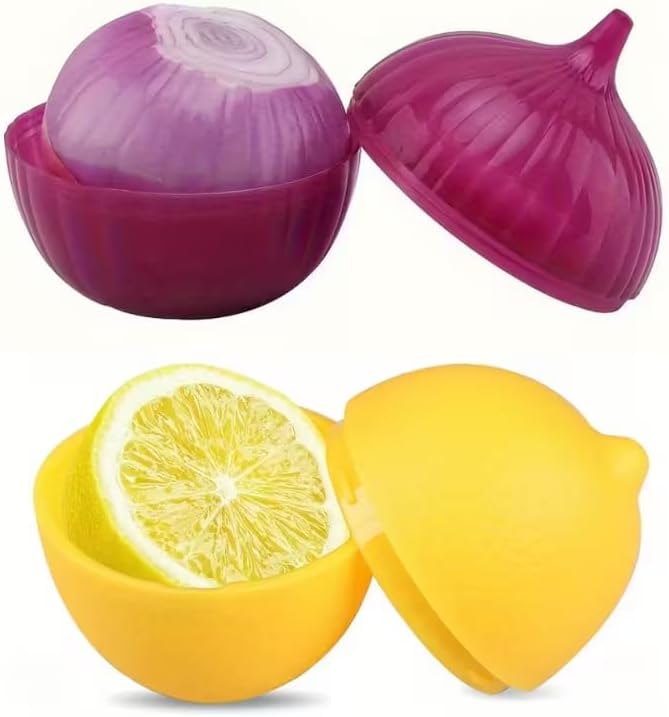 2pcs Set Plastic Food Savers Storage Container, Lemon & Onion Shaped, Multipurpose, Freezer Safe, Flip Top, Hand Wash, No Electricity Needed, with Fruit & Vegetable Preservation Boxes, for Kitchen