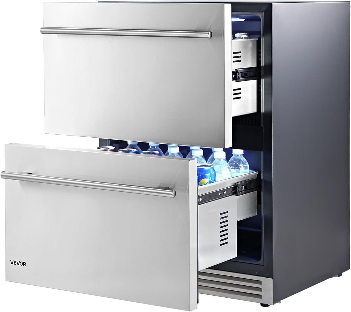 Drawer Refrigerator, 24 in Undercounter Beverage Fridge, Large Capacity, Drink Cooler with 304 Stainless Steel Drawers, Temp Control, Powerful Compressor, for Kitchen, Office & Game Room
