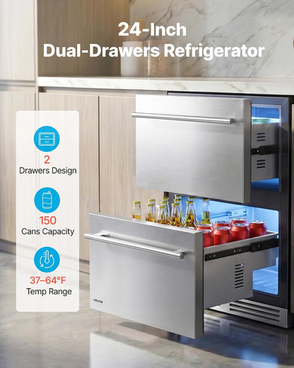 Drawer Refrigerator, 24 in Undercounter Beverage Fridge, Large Capacity, Drink Cooler with 304 Stainless Steel Drawers, Temp Control, Powerful Compressor, for Kitchen, Office & Game Room