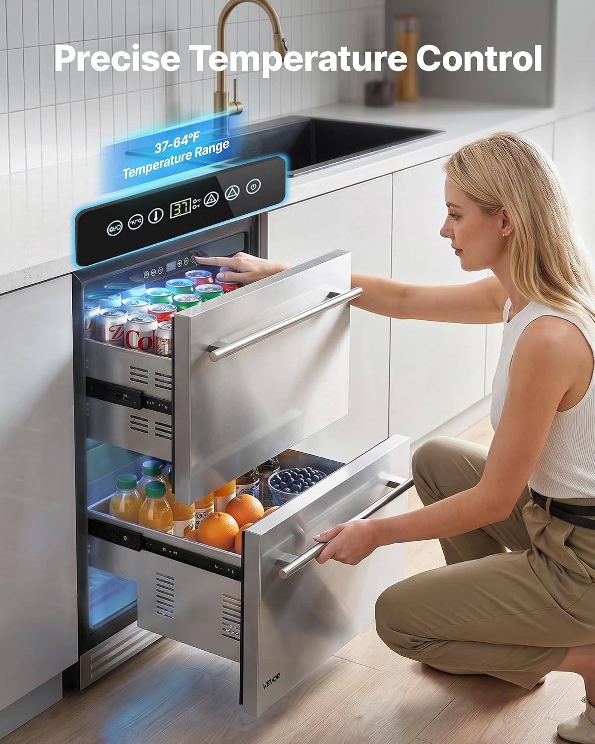 Drawer Refrigerator, 24 in Undercounter Beverage Fridge, Large Capacity, Drink Cooler with 304 Stainless Steel Drawers, Temp Control, Powerful Compressor, for Kitchen, Office & Game Room
