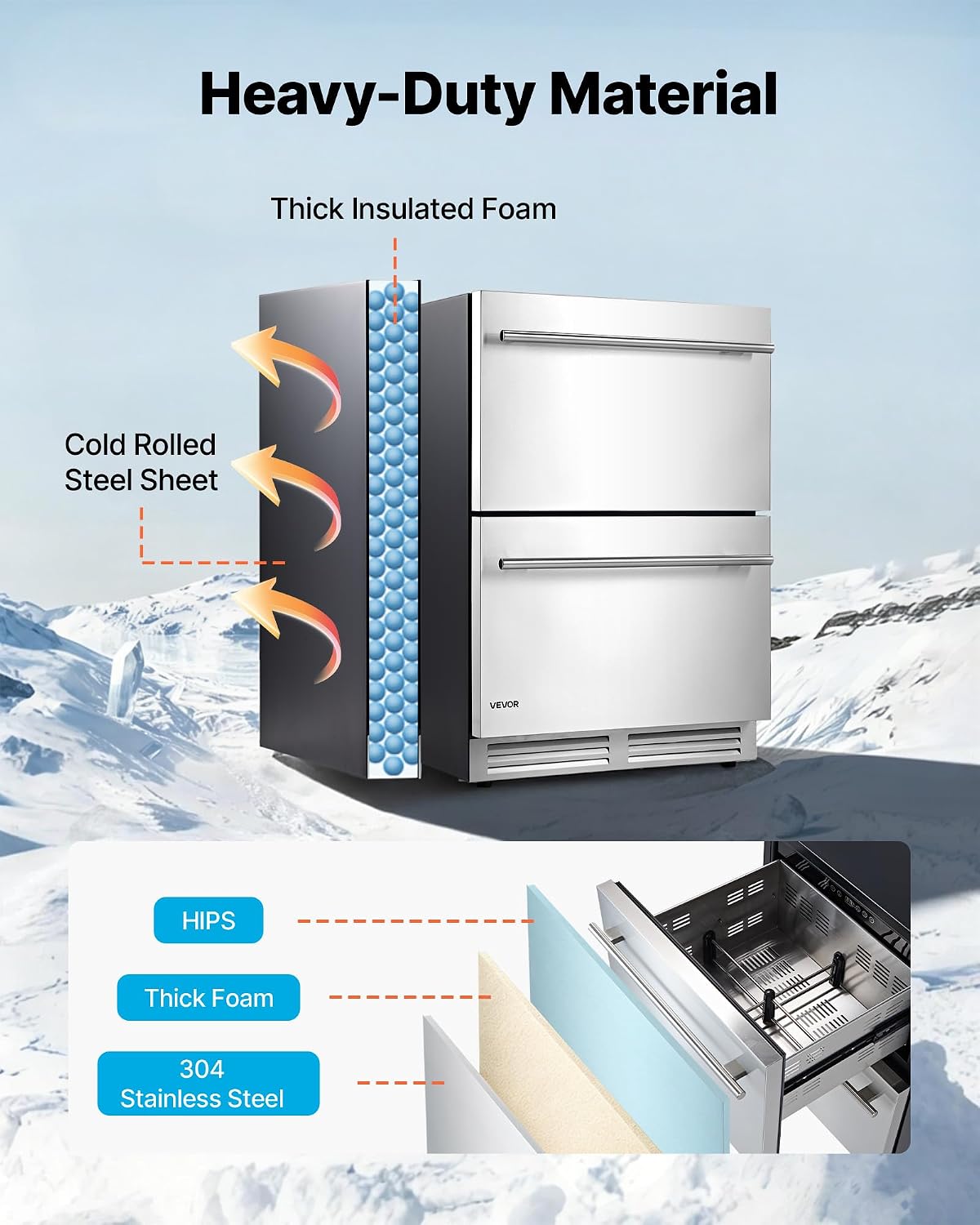 Drawer Refrigerator, 24 in Undercounter Beverage Fridge, Large Capacity, Drink Cooler with 304 Stainless Steel Drawers, Temp Control, Powerful Compressor, for Kitchen, Office & Game Room