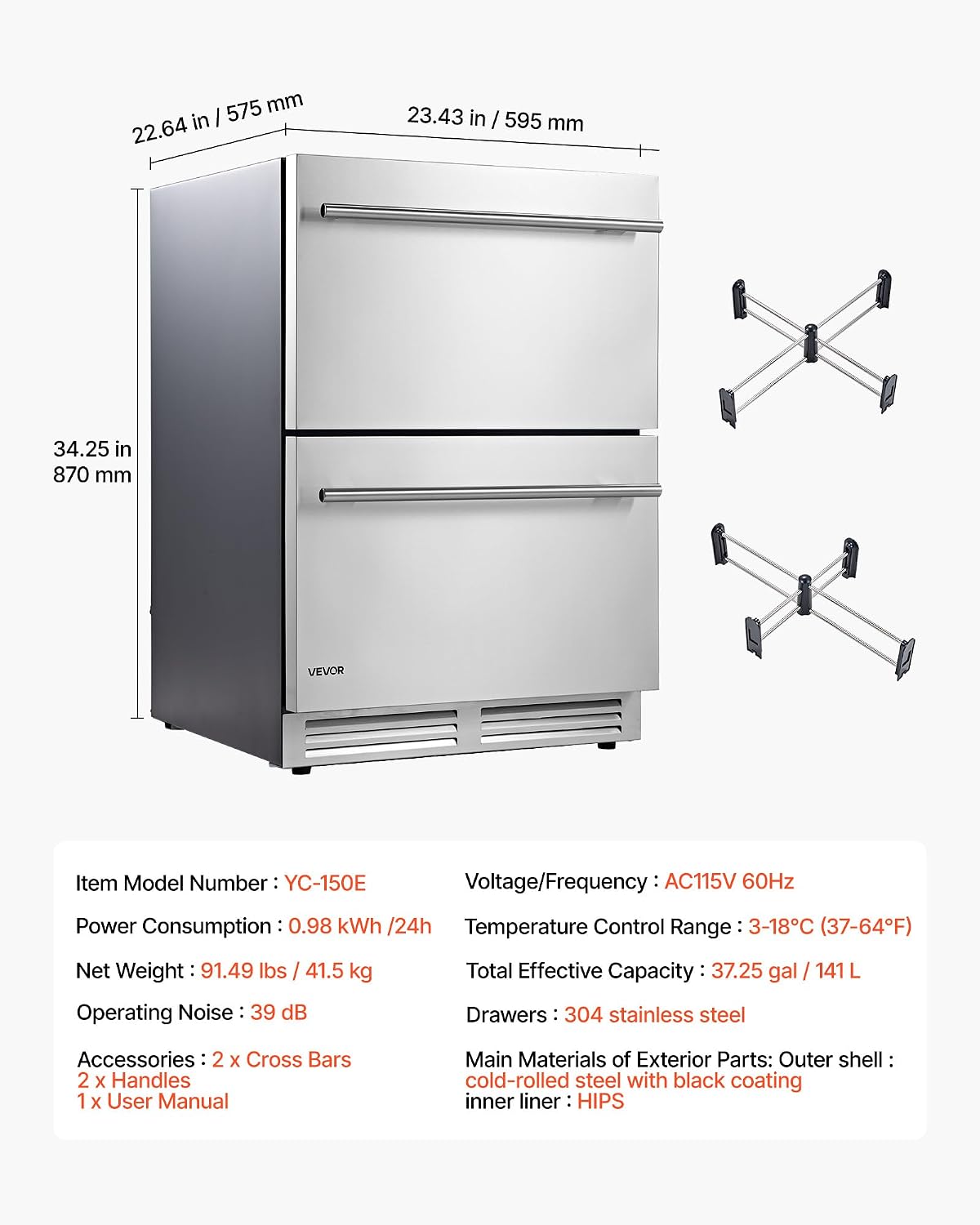 Drawer Refrigerator, 24 in Undercounter Beverage Fridge, Large Capacity, Drink Cooler with 304 Stainless Steel Drawers, Temp Control, Powerful Compressor, for Kitchen, Office & Game Room