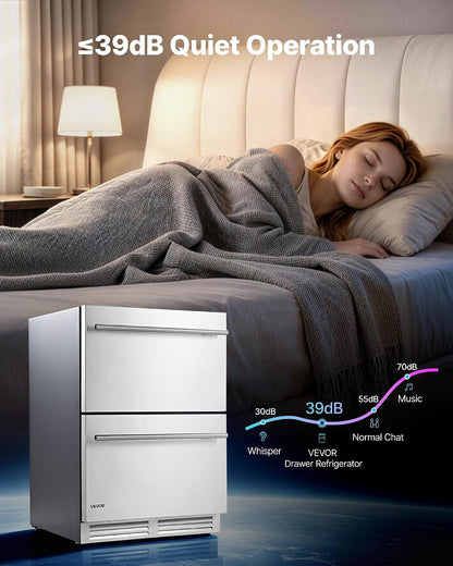 Drawer Refrigerator, 24 in Undercounter Beverage Fridge, Large Capacity, Drink Cooler with 304 Stainless Steel Drawers, Temp Control, Powerful Compressor, for Kitchen, Office & Game Room