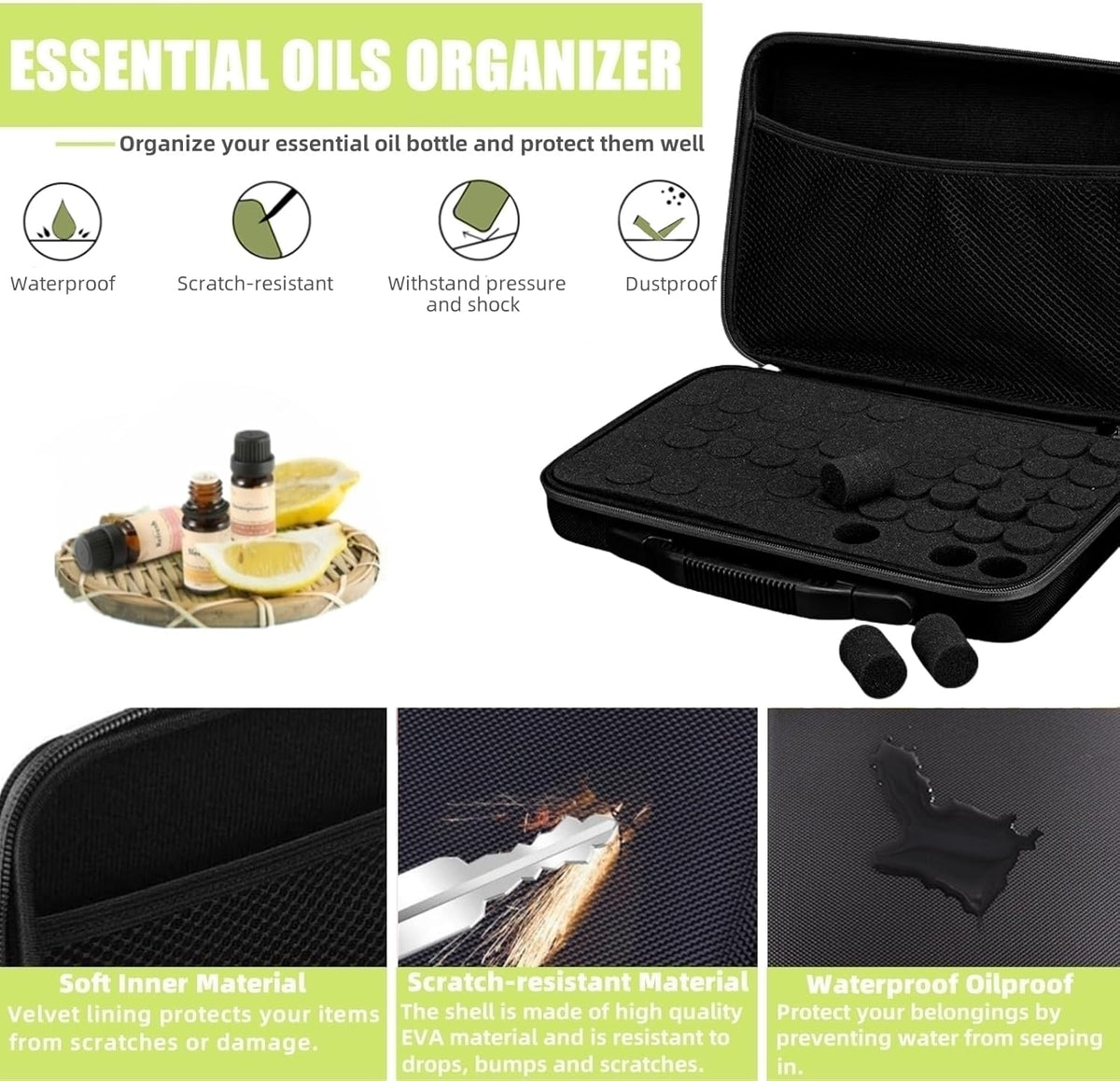 60 Bottles EVA Essential Oils Organizer, Hard Shell Essential Oil Storage Carrying Case, Essential Oils Holder Traveling Bag with Foam Insert, Holds 5ml,10ml,15ml Essential Oils (Black)