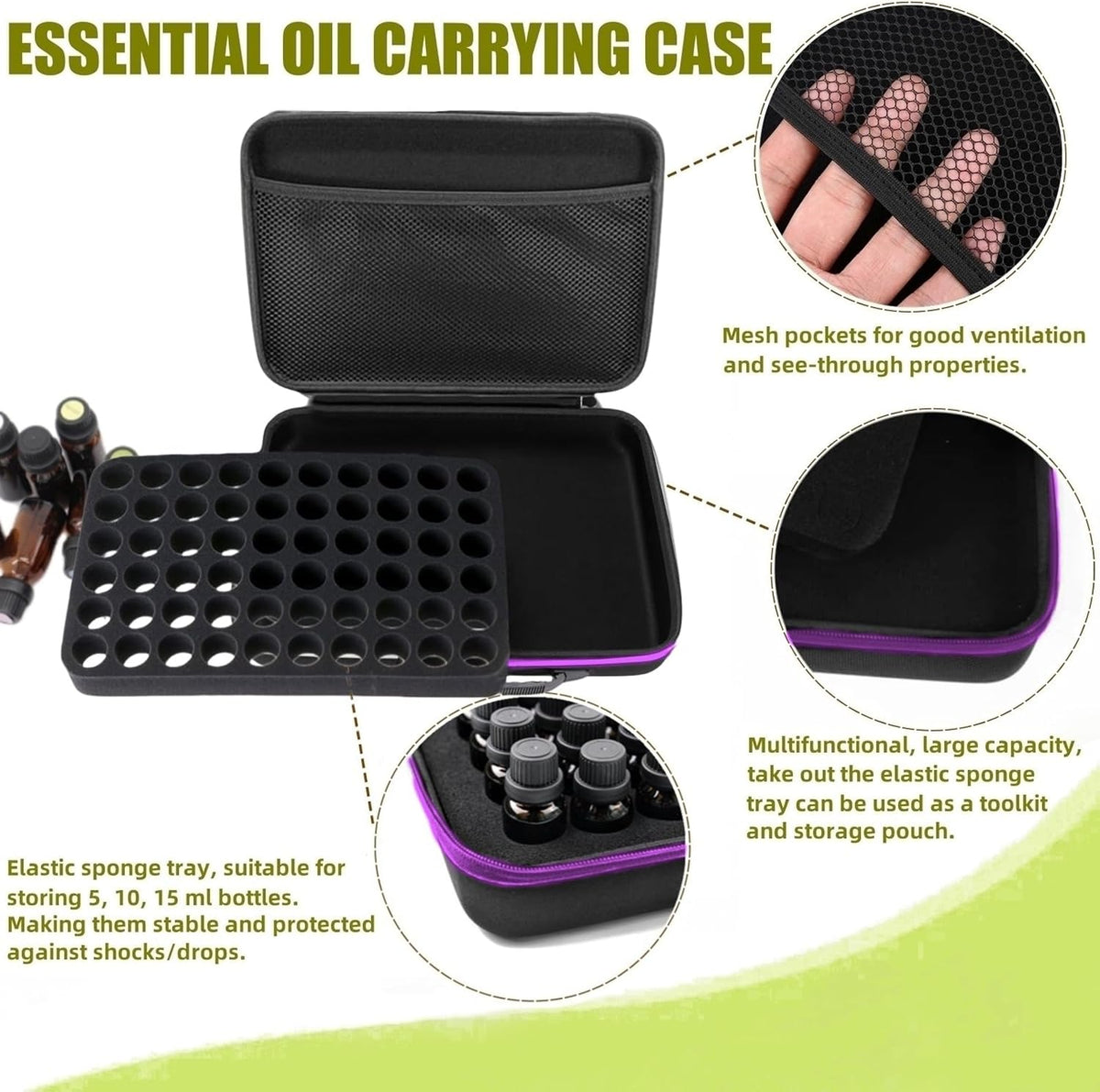 60 Bottles EVA Essential Oils Organizer, Hard Shell Essential Oil Storage Carrying Case, Essential Oils Holder Traveling Bag with Foam Insert, Holds 5ml,10ml,15ml Essential Oils (Black)