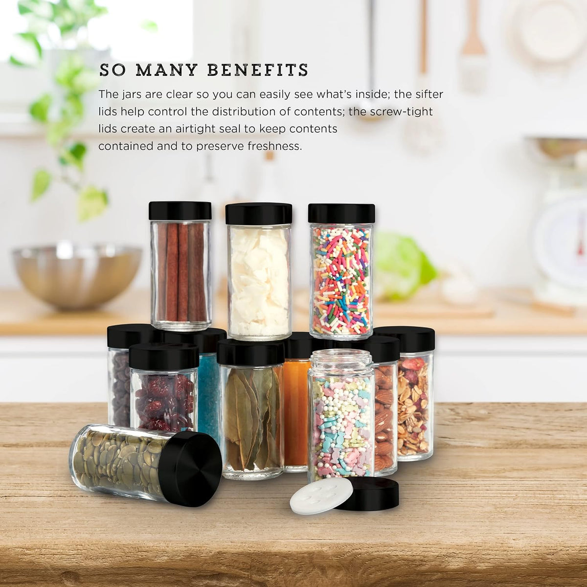 5244227 Empty Jars With Black Cap, Set Of 12, 3-Ounce