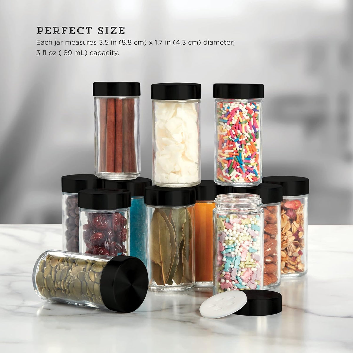 5244227 Empty Jars With Black Cap, Set Of 12, 3-Ounce