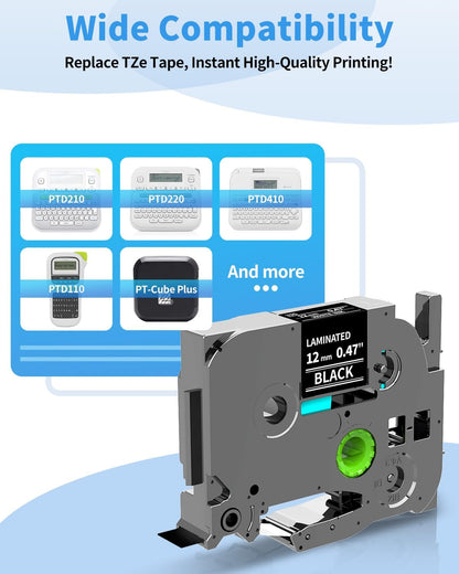 Label Maker Tape 12mm 0.47" Laminated White TZe231 Label Tape | Replacement for Brother P-touch Label Tape TZe-231 TZ Tape 1/2" Compatible with Ptouch D220 D210 H110 D200 D400 PT-1280