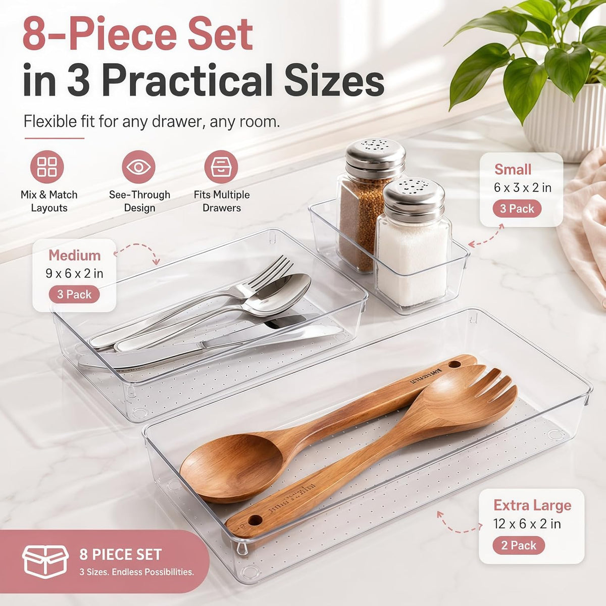 Large Clear Plastic Drawer Organizer Trays, 3 Sizes, Non-Slip