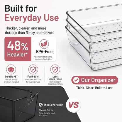 Large Clear Plastic Drawer Organizer Trays, 3 Sizes, Non-Slip
