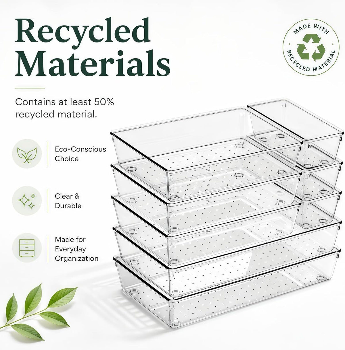 Large Clear Plastic Drawer Organizer Trays, 3 Sizes, Non-Slip