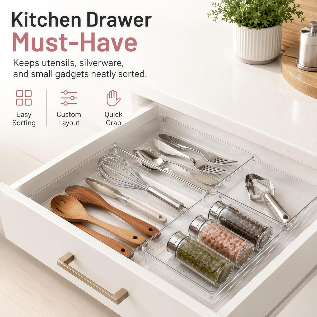 Large Clear Plastic Drawer Organizer Trays, 3 Sizes, Non-Slip