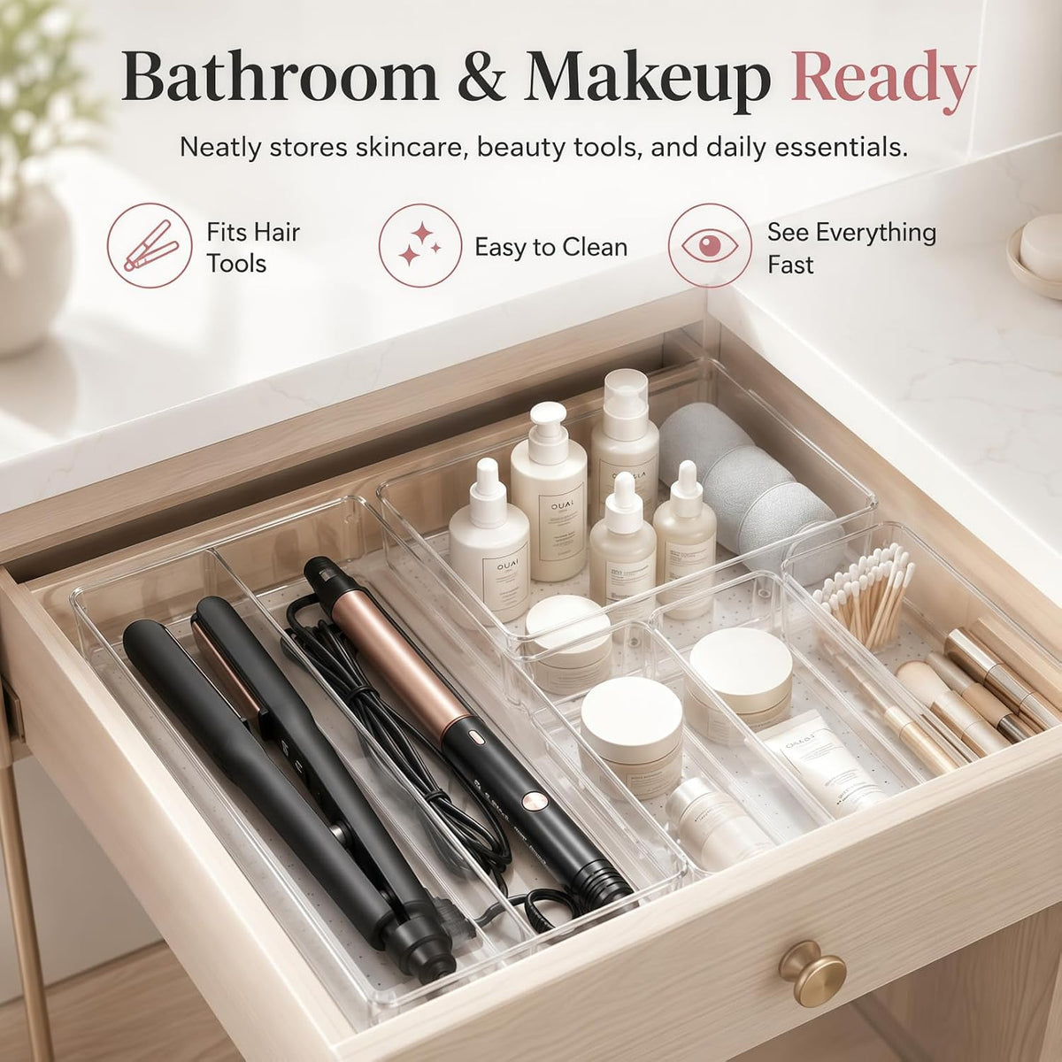 Large Clear Plastic Drawer Organizer Trays, 3 Sizes, Non-Slip