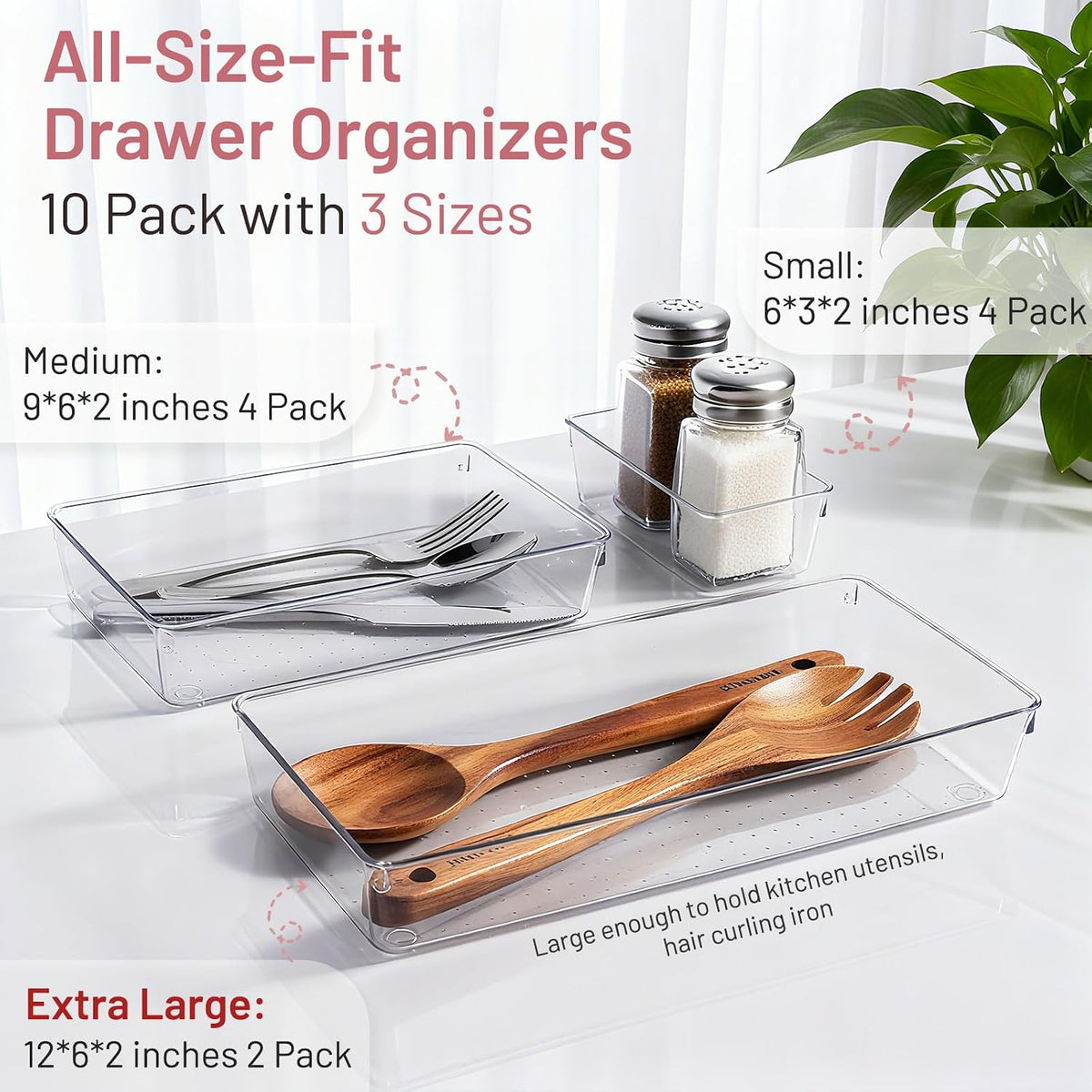 Large Clear Plastic Drawer Organizer Trays, 3 Sizes, Non-Slip