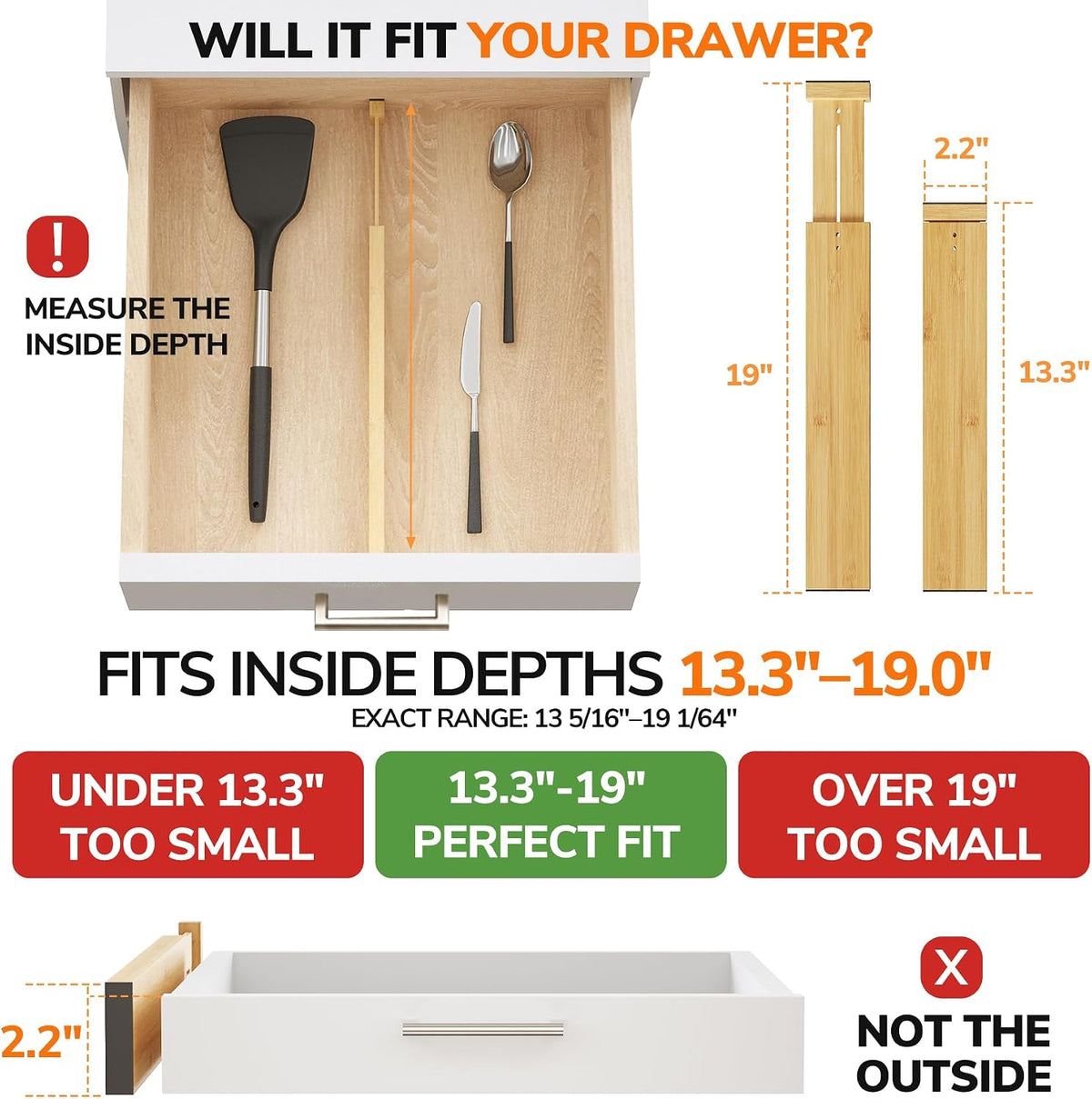 Bamboo Expandable Drawer Dividers – Fits 16.6"–22" Drawers, 2" High, Set of 4 | Spring-Loaded Bamboo Separator for Kitchen Island, Bathroom Vanity & Dresser Drawers