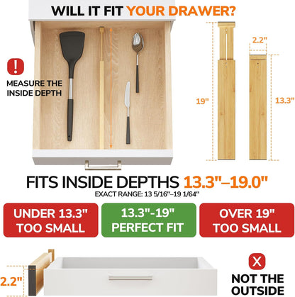 Bamboo Expandable Drawer Dividers – Fits 16.6"–22" Drawers, 2" High, Set of 4 | Spring-Loaded Bamboo Separator for Kitchen Island, Bathroom Vanity & Dresser Drawers