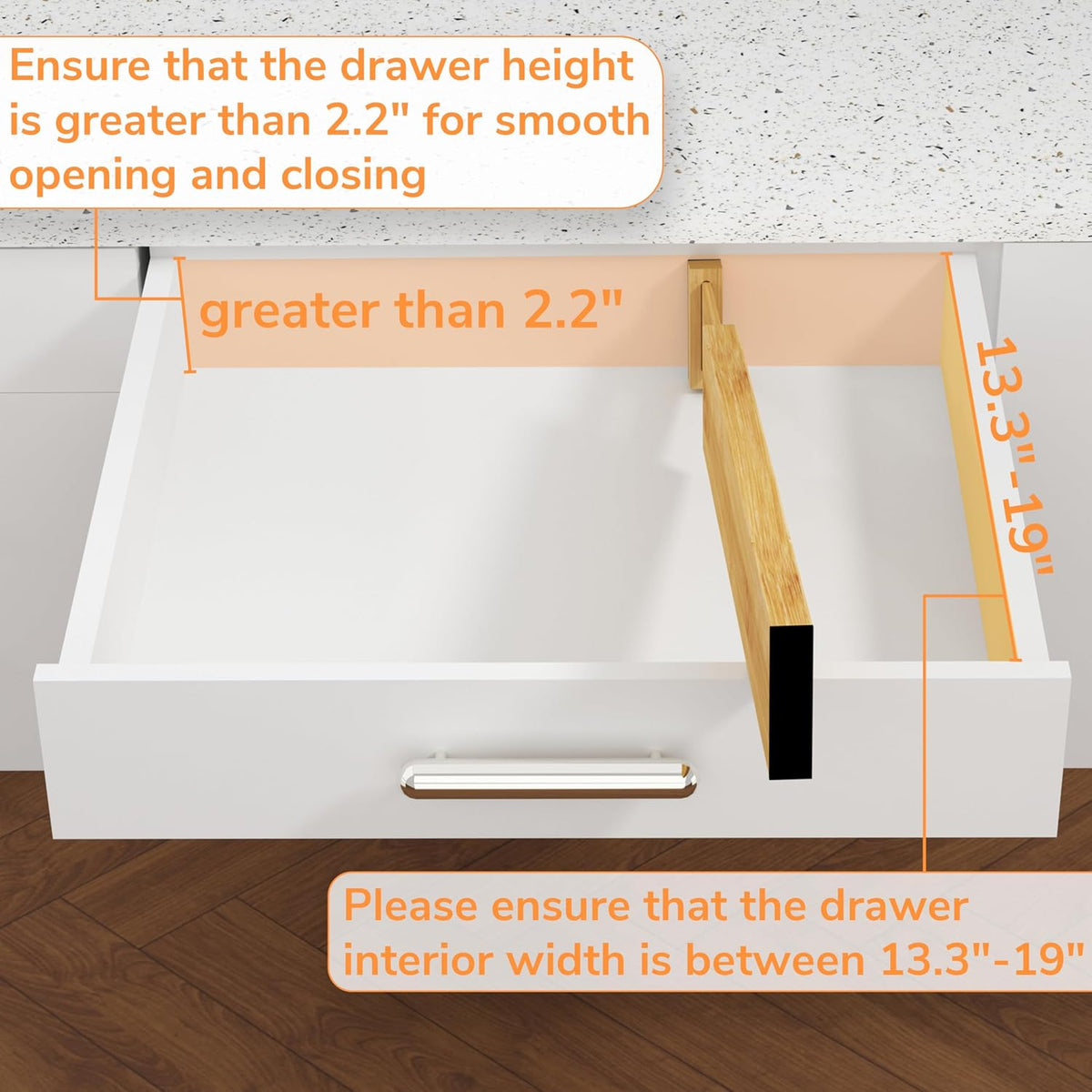 Bamboo Expandable Drawer Dividers – Fits 16.6"–22" Drawers, 2" High, Set of 4 | Spring-Loaded Bamboo Separator for Kitchen Island, Bathroom Vanity & Dresser Drawers