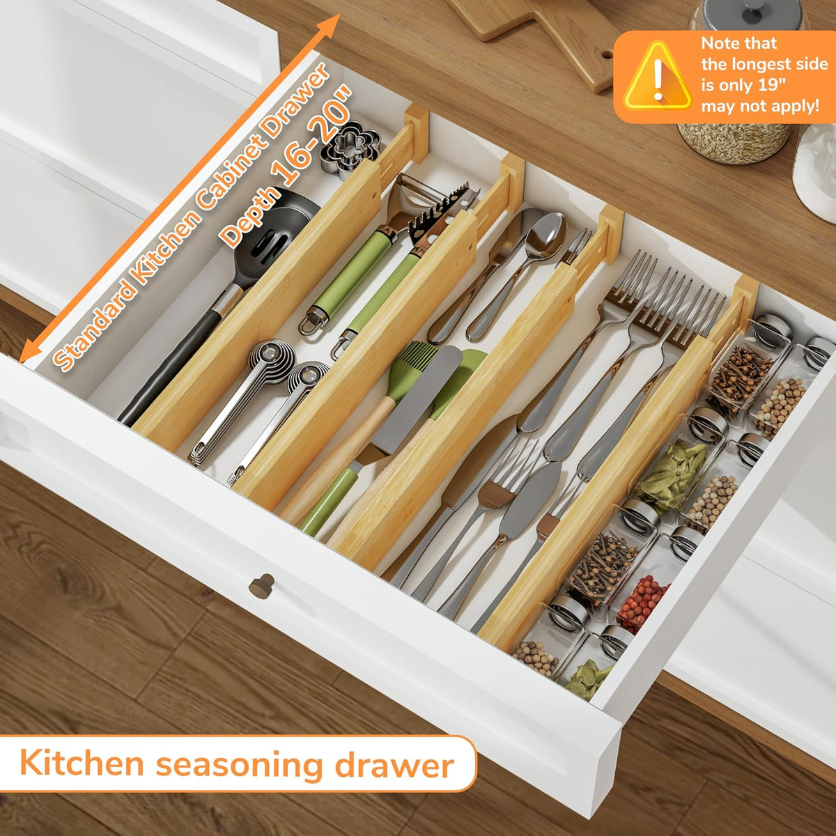 Bamboo Expandable Drawer Dividers – Fits 16.6"–22" Drawers, 2" High, Set of 4 | Spring-Loaded Bamboo Separator for Kitchen Island, Bathroom Vanity & Dresser Drawers
