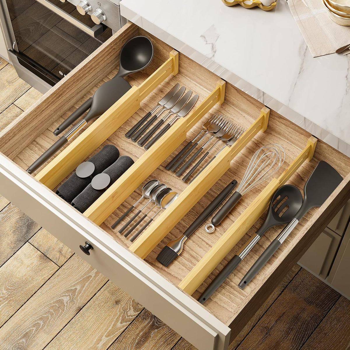 Bamboo Expandable Drawer Dividers – Fits 16.6"–22" Drawers, 2" High, Set of 4 | Spring-Loaded Bamboo Separator for Kitchen Island, Bathroom Vanity & Dresser Drawers