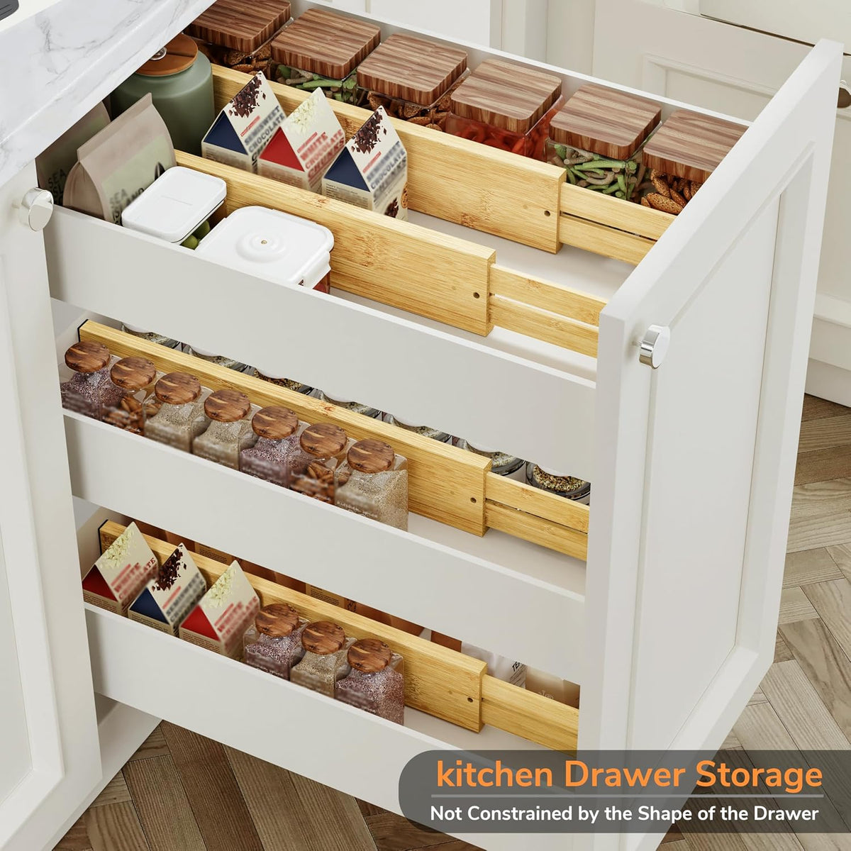 Bamboo Expandable Drawer Dividers – Fits 16.6"–22" Drawers, 2" High, Set of 4 | Spring-Loaded Bamboo Separator for Kitchen Island, Bathroom Vanity & Dresser Drawers