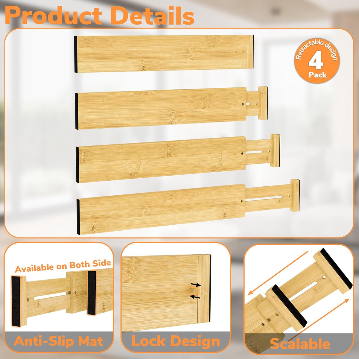 Bamboo Expandable Drawer Dividers – Fits 16.6"–22" Drawers, 2" High, Set of 4 | Spring-Loaded Bamboo Separator for Kitchen Island, Bathroom Vanity & Dresser Drawers