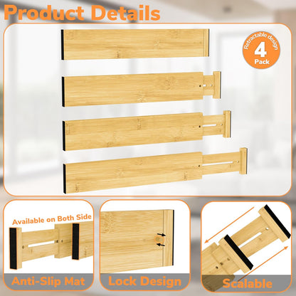 Bamboo Expandable Drawer Dividers – Fits 16.6"–22" Drawers, 2" High, Set of 4 | Spring-Loaded Bamboo Separator for Kitchen Island, Bathroom Vanity & Dresser Drawers