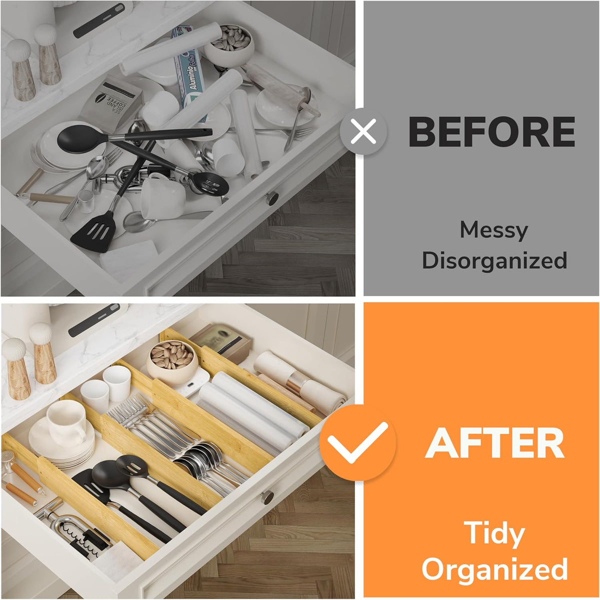 Bamboo Expandable Drawer Dividers – Fits 16.6"–22" Drawers, 2" High, Set of 4 | Spring-Loaded Bamboo Separator for Kitchen Island, Bathroom Vanity & Dresser Drawers