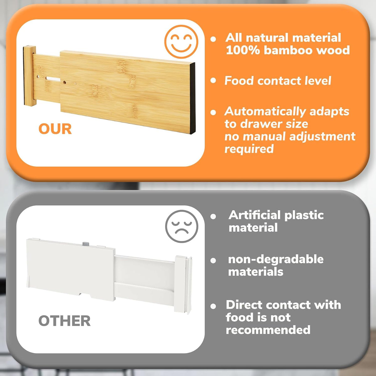 Bamboo Expandable Drawer Dividers – Fits 16.6"–22" Drawers, 2" High, Set of 4 | Spring-Loaded Bamboo Separator for Kitchen Island, Bathroom Vanity & Dresser Drawers