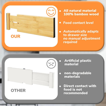 Bamboo Expandable Drawer Dividers – Fits 16.6"–22" Drawers, 2" High, Set of 4 | Spring-Loaded Bamboo Separator for Kitchen Island, Bathroom Vanity & Dresser Drawers