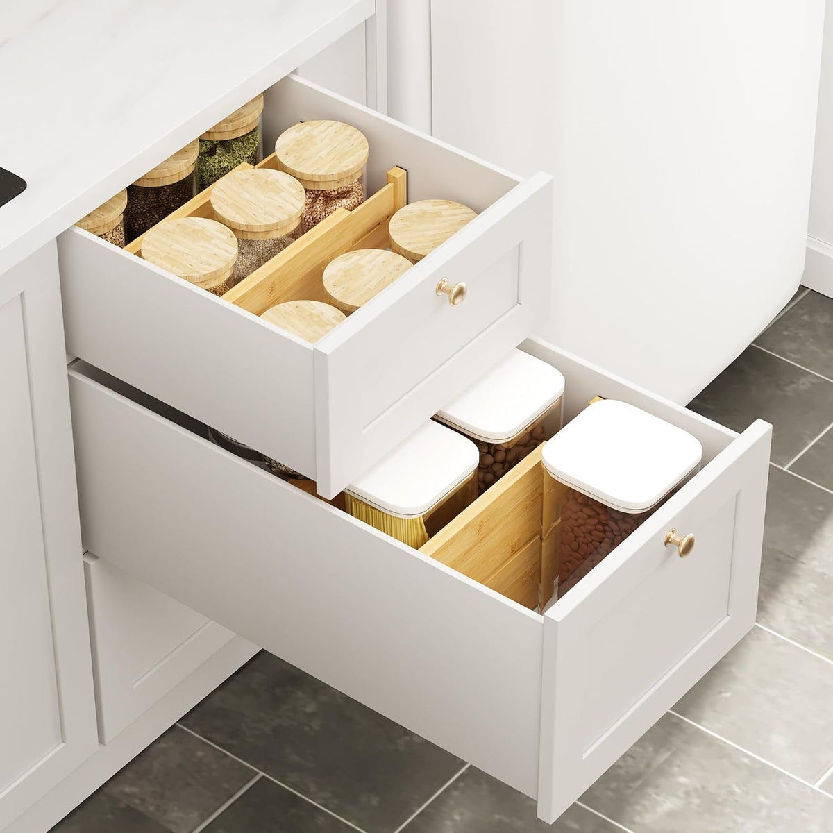 Bamboo Expandable Drawer Dividers – Fits 16.6"–22" Drawers, 2" High, Set of 4 | Spring-Loaded Bamboo Separator for Kitchen Island, Bathroom Vanity & Dresser Drawers