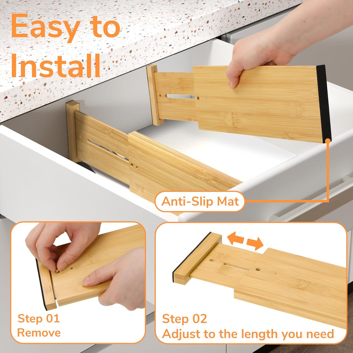Bamboo Expandable Drawer Dividers – Fits 16.6"–22" Drawers, 2" High, Set of 4 | Spring-Loaded Bamboo Separator for Kitchen Island, Bathroom Vanity & Dresser Drawers