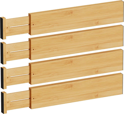 Bamboo Expandable Drawer Dividers – Fits 16.6"–22" Drawers, 2" High, Set of 4 | Spring-Loaded Bamboo Separator for Kitchen Island, Bathroom Vanity & Dresser Drawers