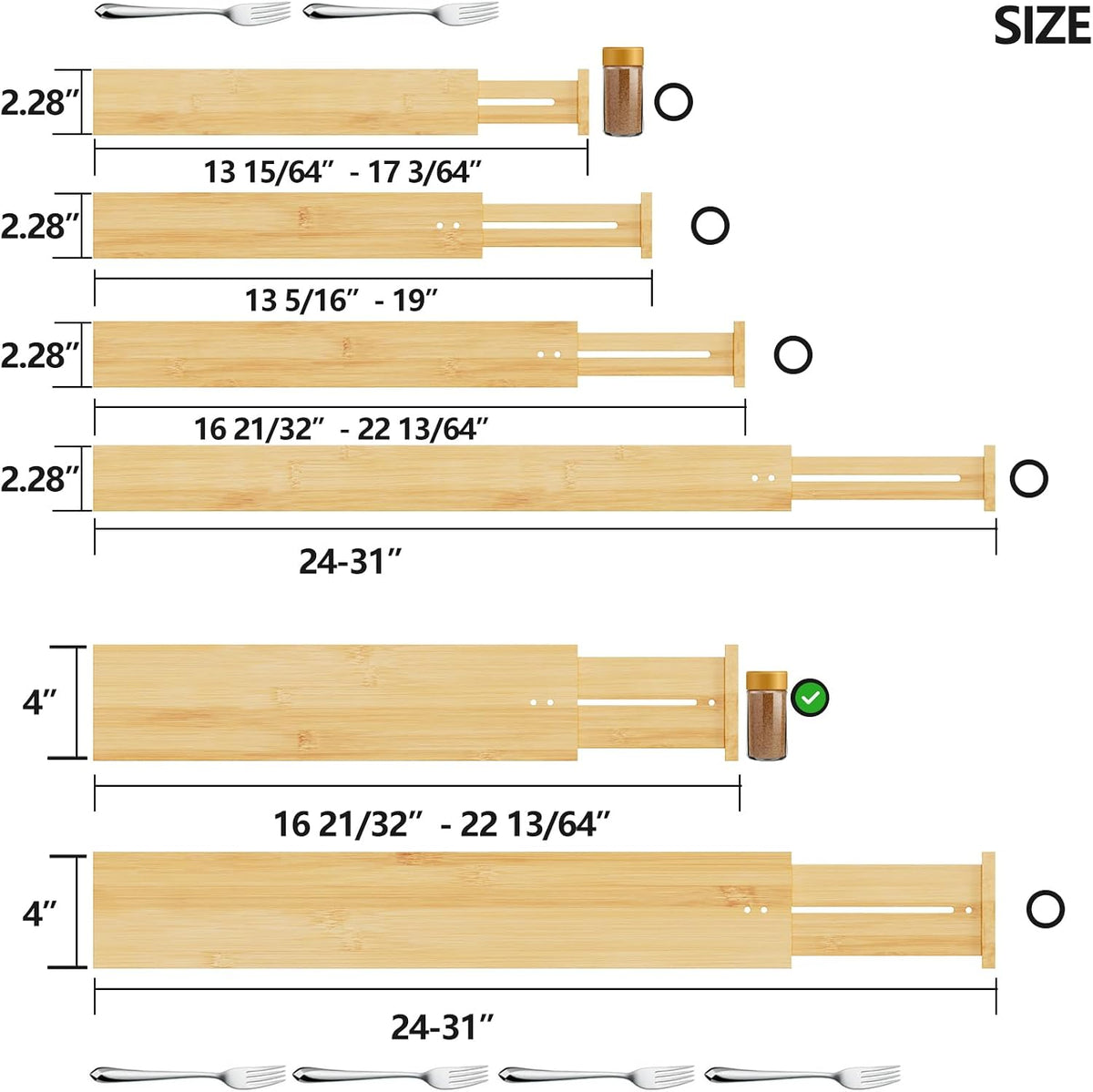 Bamboo Expandable Drawer Dividers – Fits 16.6"–22" Drawers, 2" High, Set of 4 | Spring-Loaded Bamboo Separator for Kitchen Island, Bathroom Vanity & Dresser Drawers