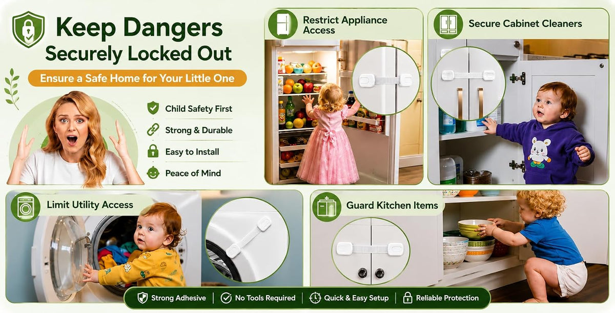 Child Safety Cabinet Locks (2 Pack) – Adjustable Baby Proofing Strap Latches with Strong 3M Adhesive – No Drill Childproof Locks for Drawers, Cabinets, Fridge, Door, Closet, Black